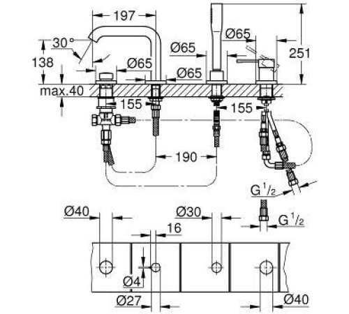 Смеситель для ванны на 4 отверстия GROHE Essence хром 19578001
