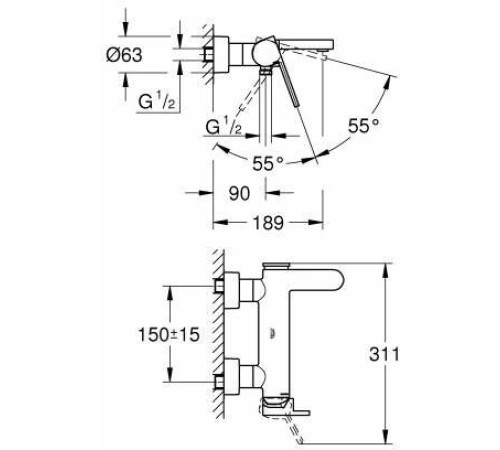 Смеситель для ванны GROHE Eurosmart Cosmopolitan настенный монтаж хром 33553003