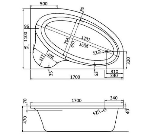 Ванна акриловая асимметричная Triton Эдера 170х110 см правосторонняя белая 1.WH11.1.994
