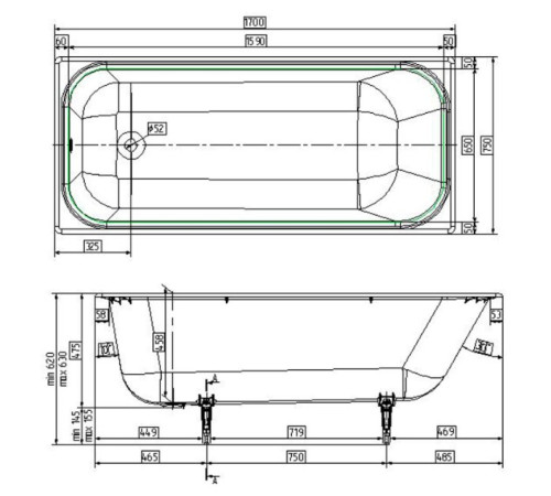 Ванна чугунная Wotte Start 1700х750х458 мм Start 1700x750