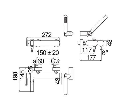 Смеситель для ванны UP с душевым набором матовый черный UP94110BM