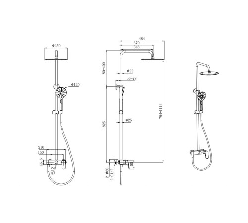 Душевая система со смесителем для душа Aquanet Вега 3jet 250 мм матовый черный AQ2060MB
