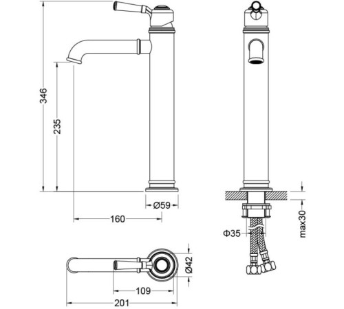 Смеситель для раковины высокий Aquanet КЛАССИК 235 мм без донного клапана полированное золото AQ1504PG