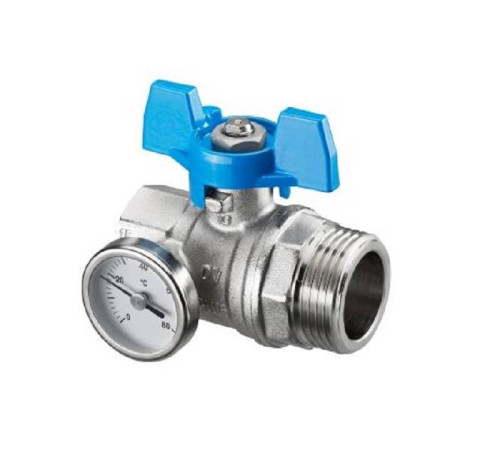 Кран шаровой Oventrop Optibal Ду25 1 ВР х 1 НР с термометром синяя рукоятка 1406584