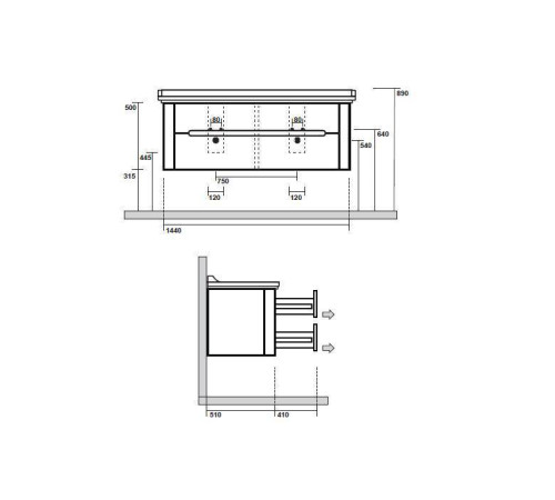 Комплект подвесной/напольной мебели Kerasan Waldorf 150 см с 4 ящиками темный орех 4143K1bi/cr / 925446