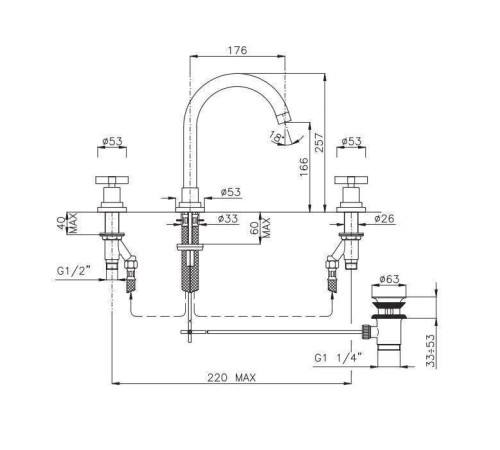 Смеситель для раковины Nicolazzi Mac Kinley 05 на 3 отверстия излив 176 мм хром 2208CR29