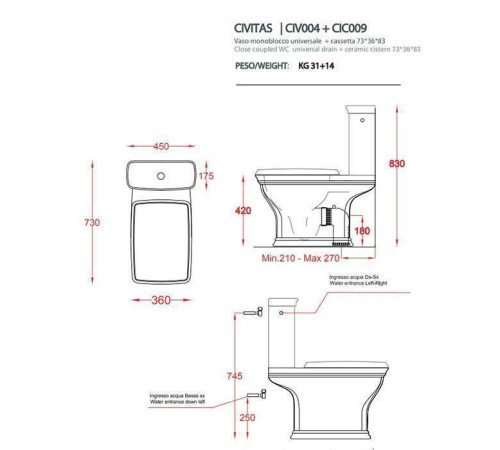 Унитаз-моноблок Artceram Civitas 36х54 см белый золото HEA010 73, CIC009 01 00, CIV004 01 00