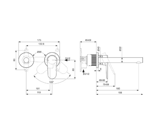 Смеситель для раковины Ideal Standard Ceralife O настенный излив 18 см черный матовый BE019XG