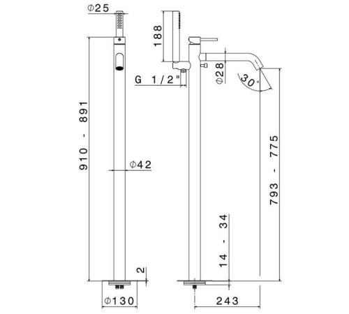 Смеситель для ванны напольный Newform X-Steel 316 с душем без встраиваемой части Inox 69684EX.50.050