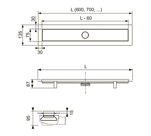 Комплект для монтажа дренажного канала 2 в 1 TECE TECElinus основа tile и панель steel 60 см хром 15103069