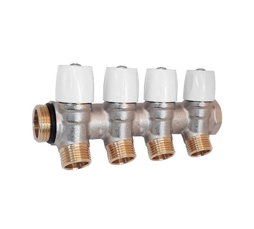 Коллектор латунный никелированный Hoobs 3/4х4х1/2 EK с вентилями 4 выхода белые маховики HB-6200E7N0504W4A