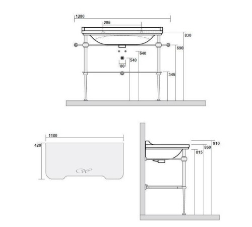 Раковина с металлической структурой Kerasan Waldorf 120х42 см напольная 1 отверстие бронза 4144K1bi/cr / 9203K3br