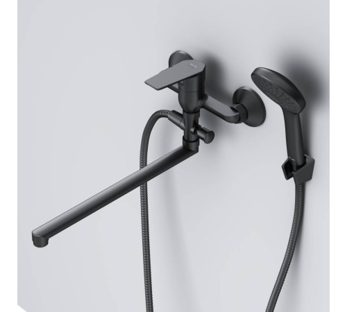 Смеситель для ванны и душа AM.PM Gem матовый черный с длинным изливом и душевым набором F90A90122
