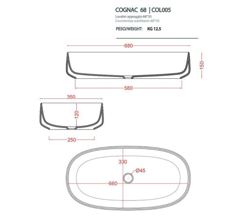 Раковина накладная Artceram Cognac 68х35 см белый матовый COL005 05 00