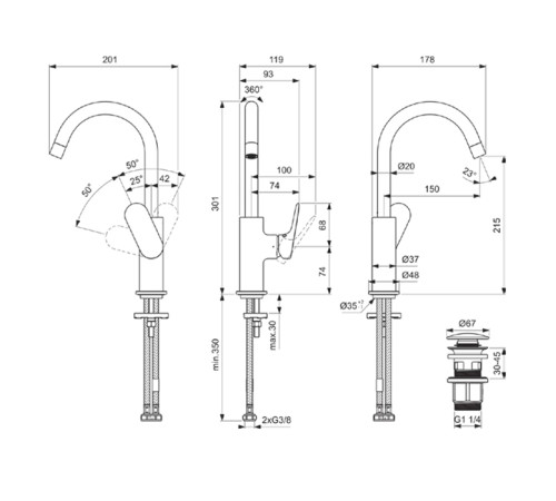 Смеситель для раковины Ideal Standard Ceralife O 21.5 см поворотный излив с донным клапаном хром BE016AA