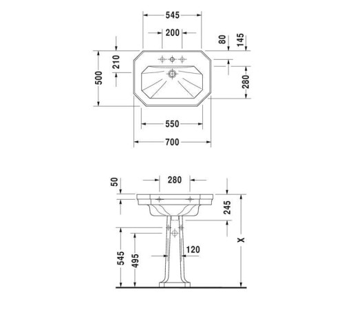 Раковина подвесная Duravit 1930 70х50 см 3 отверстия WonderGliss 04387000301
