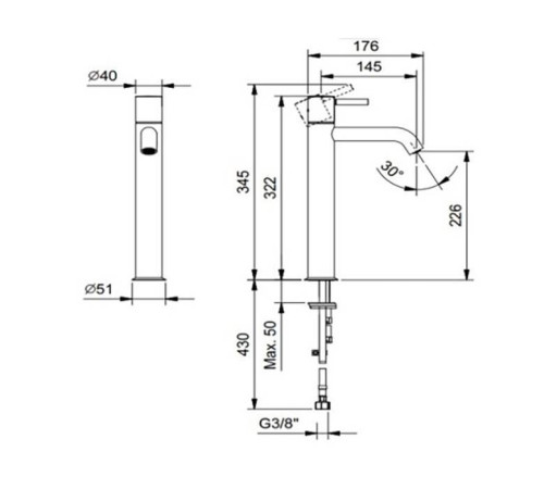 Смеситель для раковины Fantini Nostromo излив 145 мм без донного клапана черный матовый 50 13 E806WF