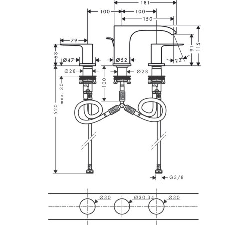 Смеситель для раковины на 3 отверстия Hansgrohe Vivenis 90 мм со сливным гарнитуром чёрный матовый 75033670