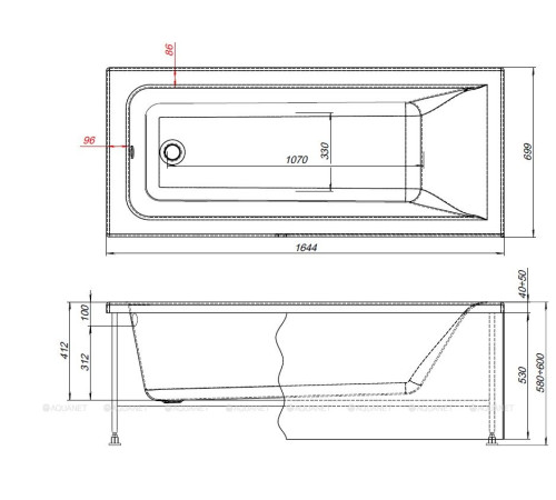 Акриловая ванна Aquanet Aura 165x70 см с каркасом 00362711
