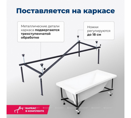 Ванна акриловая Aquanet Bright 155x70 см с каркасом и сливом-переливом 00239666