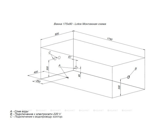 Акриловая ванна Aquanet Lotos 175x80 с каркасом и сливом-переливом 00328870