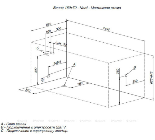 Ванна акриловая Aquanet Nord New 150x70 в комплекте 00242401