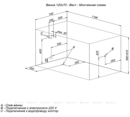 Ванна акриловая Aquanet West 120x70 см в комплекте 00205558