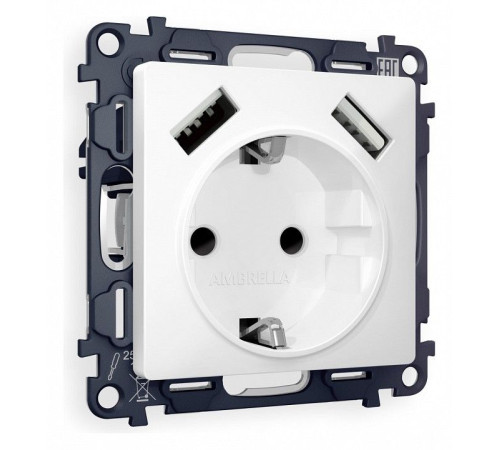 Розетка с заземлением и со шторкой и 2хUSB type A, без рамки Ambrella Volt Quant MA129010