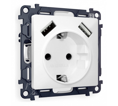 Розетка с заземлением и со шторкой и 2хUSB type A, без рамки Ambrella Volt Quant MA129010