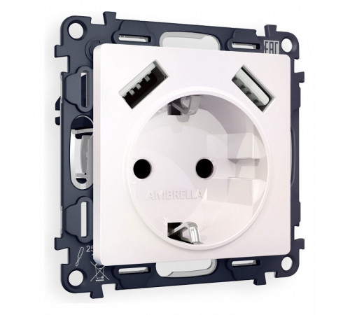 Розетка с заземлением и со шторкой и 2хUSB type A, без рамки Ambrella Volt Quant MA209010