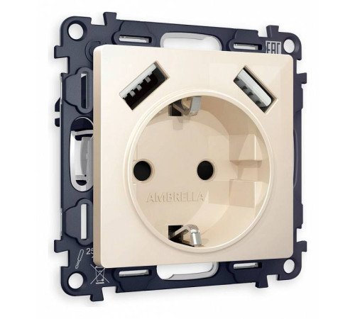 Розетка с заземлением и со шторкой и 2хUSB type A, без рамки Ambrella Volt Quant MA309010