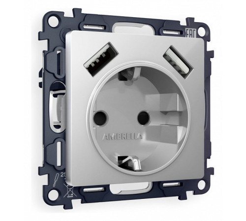 Розетка с заземлением и со шторкой и 2хUSB type A, без рамки Ambrella Volt Quant MA409010