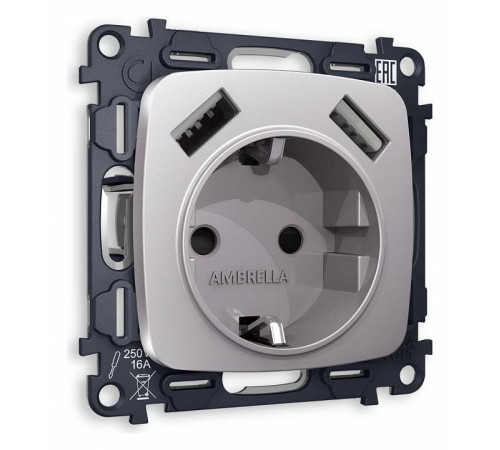 Розетка с заземлением и 2хUSB type A, без рамки Ambrella Volt Quant MO509010