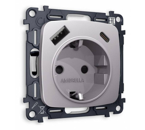Розетка с заземлением и 2хUSB type A и C, без рамки Ambrella Volt Quant MO510010