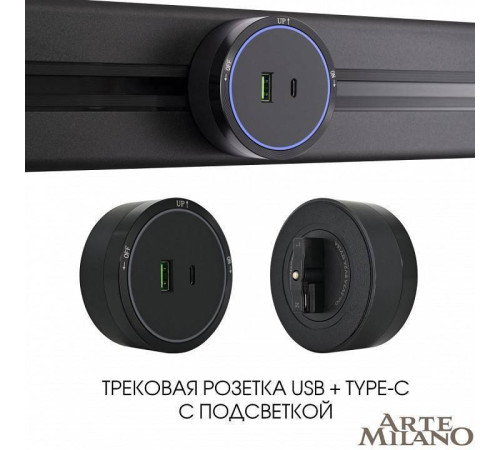 Розетка USB и type C на треке Arte Milano Am-track-sockets 380066TS LED/USB-Type-C Black