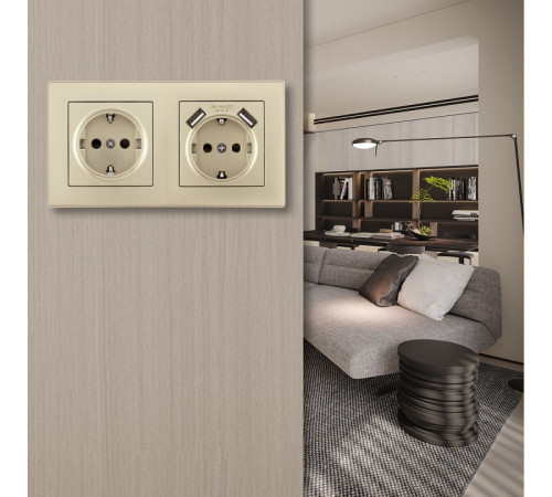 Розетка с заземлением и со шторкой и 2хUSB Arte Milano SET06-2 SET06-2-47-1-40-1 shampan