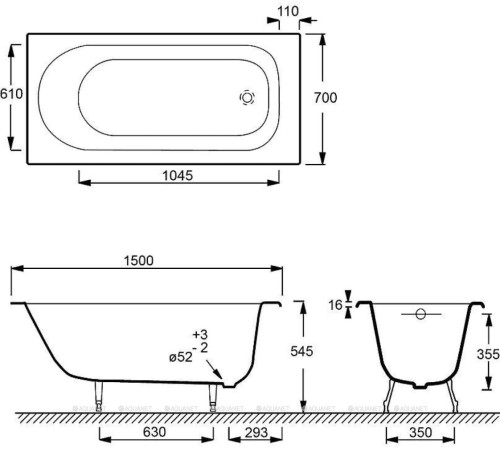 Ванна чугунная Jacob Delafon Soissons 150x70 см без отверстий для ручек E2941-00