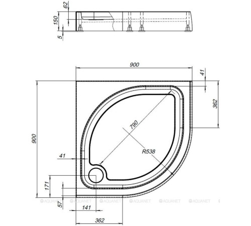 Поддон душевой Aquanet НХ515 четверть круга акриловый 90х90х15 см слив слева 00180696