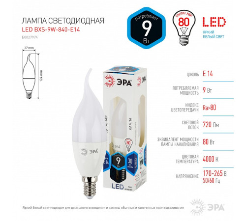 Лампа светодиодная Эра Стандарт LED BXS-9W-840-E14
