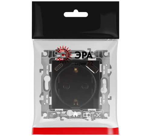 Розетка с заземлением и со шторкой и 2хUSB, без рамки Эра Эра 12 12-4108-06