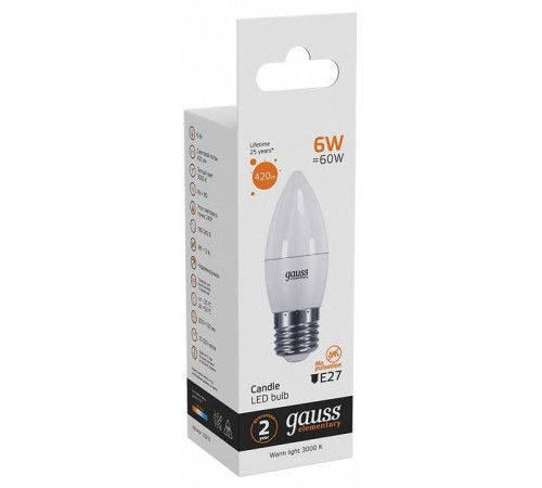 Лампа светодиодная Gauss Led Elementary Candle E27 6Вт 3000K 33216