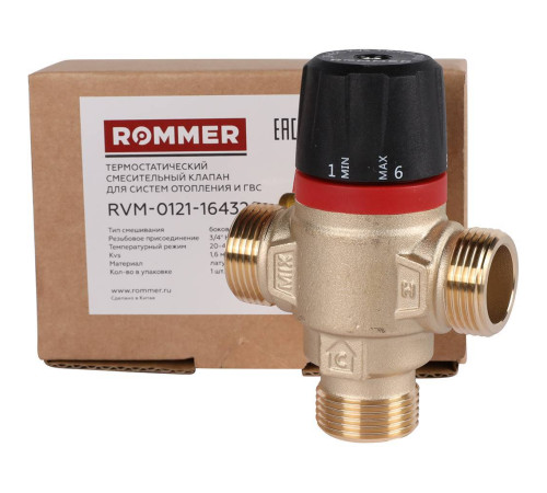 Клапан термостатический смесительный ROMMER 3/4 НР 20-43 °С Kvs 1.6 боковое смешивание RVM-0121-164320