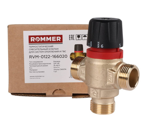 Клапан термостатический смесительный ROMMER 3/4 НР 35-60 °С Kvs 1.6 боковое смешивание RVM-0122-166020