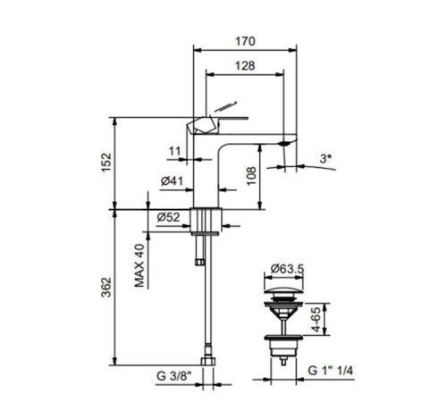 Смеситель для раковины Fantini Myo на 1 отверстие черный матовый 61 13 V604F
