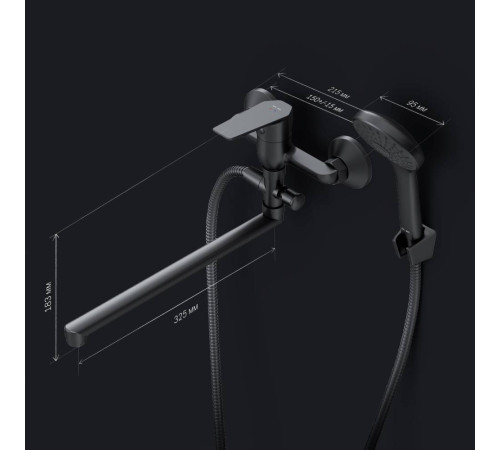 Смеситель для ванны и душа AM.PM Gem матовый черный с длинным изливом и душевым набором F90A90122