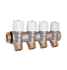 Коллектор латунный никелированный Hoobs 1х4х1/2 EK с вентилями 4 выхода белые маховики HB-6200E7N1004W4A