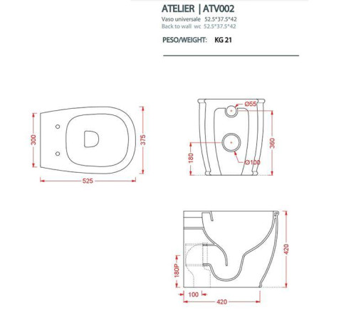 Унитаз напольный Artceram Atelier безободковый 52х37х42 см белый ATV002 01 00
