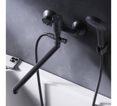 Смеситель для ванны и душа AM.PM X-Joy с длинным изливом и душевым набором черный матовый F85B90122