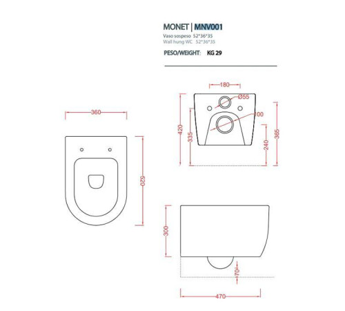 Унитаз подвесной Artceram Monet 36х52 см Rimless белый MNV001 01 00