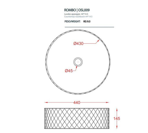 Раковина накладная Artceram ROMBO 44 см без отв. белый глянцевый OSL009 01 00